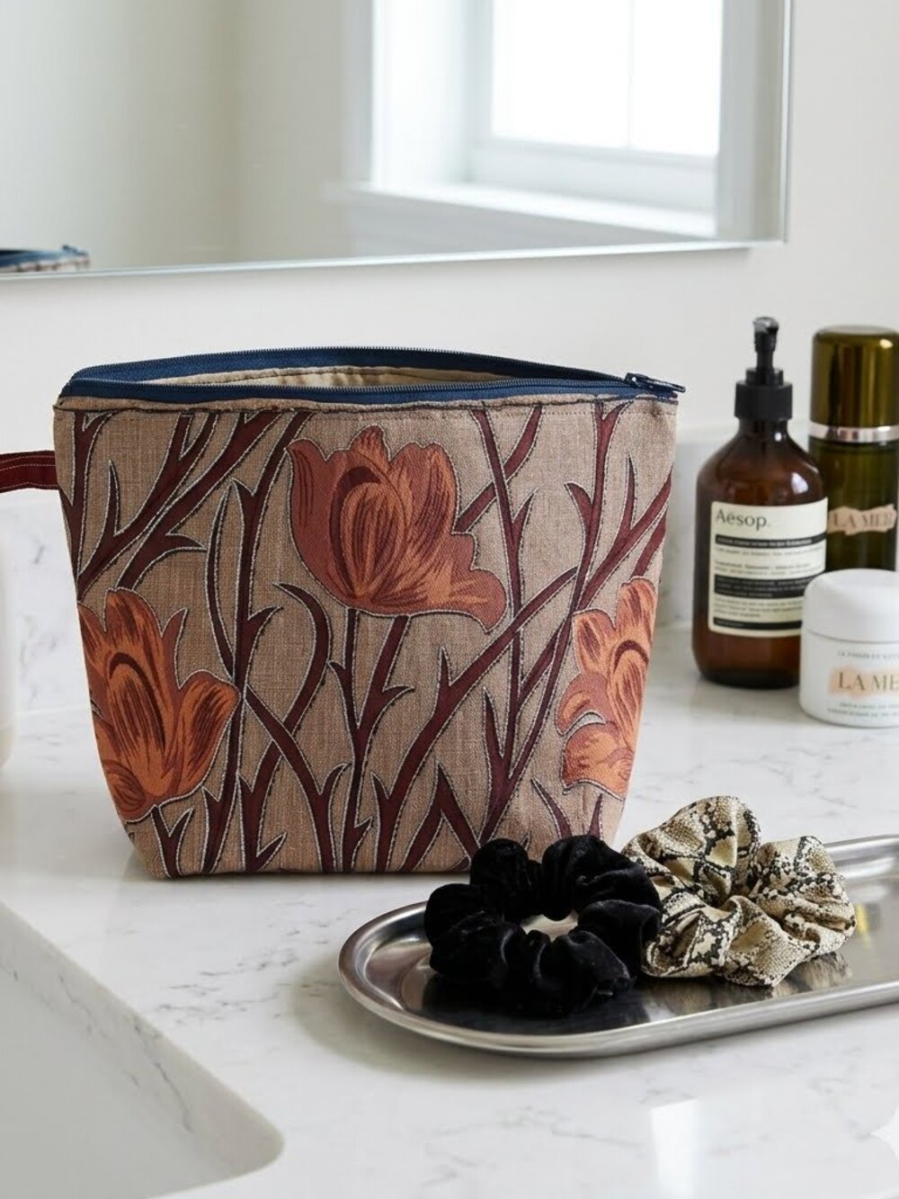 Handmade Cosmetic Makeup Brown Bag Tote Travel Zipper Pouch Scrunchies